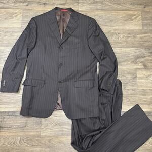 Isaia Napoli Suit Mens 56 EU 46 US. 38W Brown Striped 150s Italy